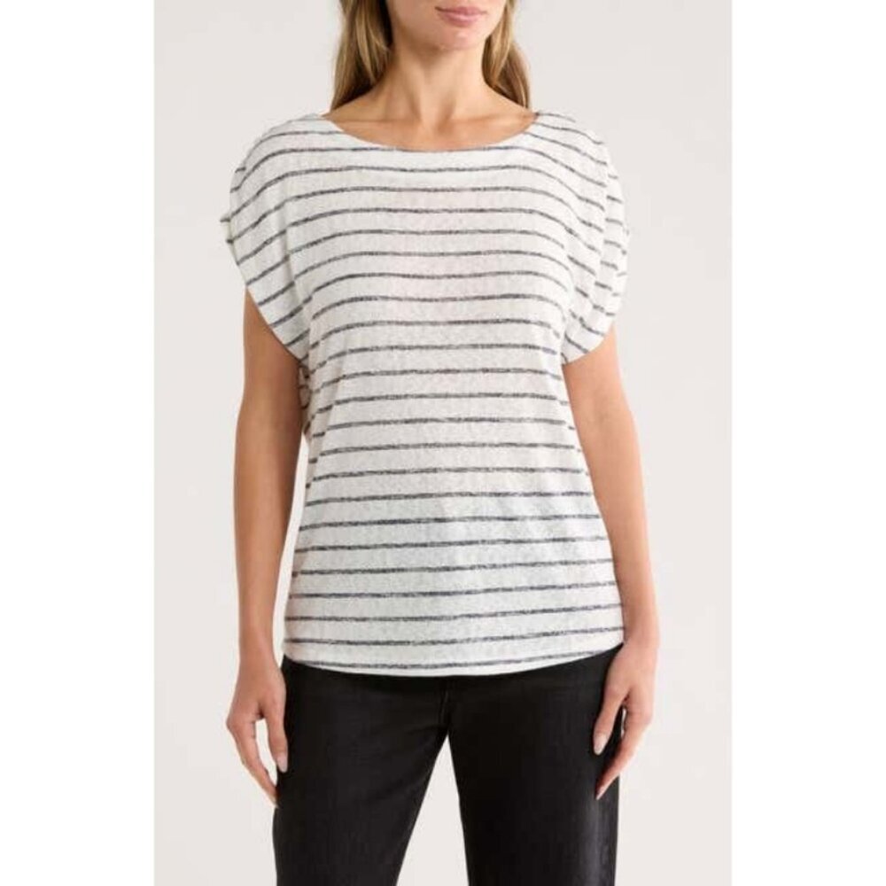 💕BOBEAU💕 Caty Shirred Shoulder T-Shirt Ivory Dark Blue Stripe Print Large NWOT